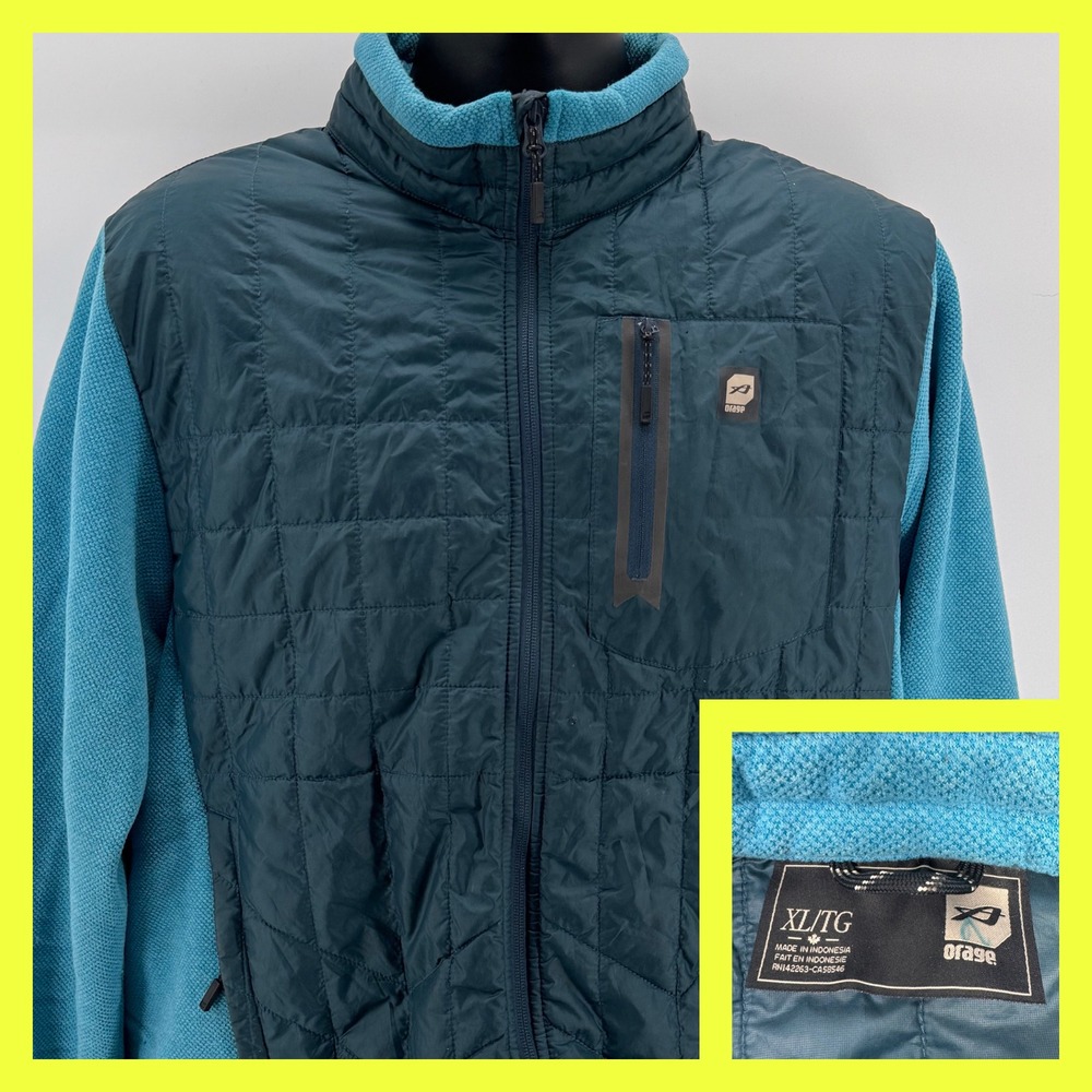 Orage Hybrid Insulated Jacket Mens XL Teal Blue Quilted Knit Full Zip Mock Neck